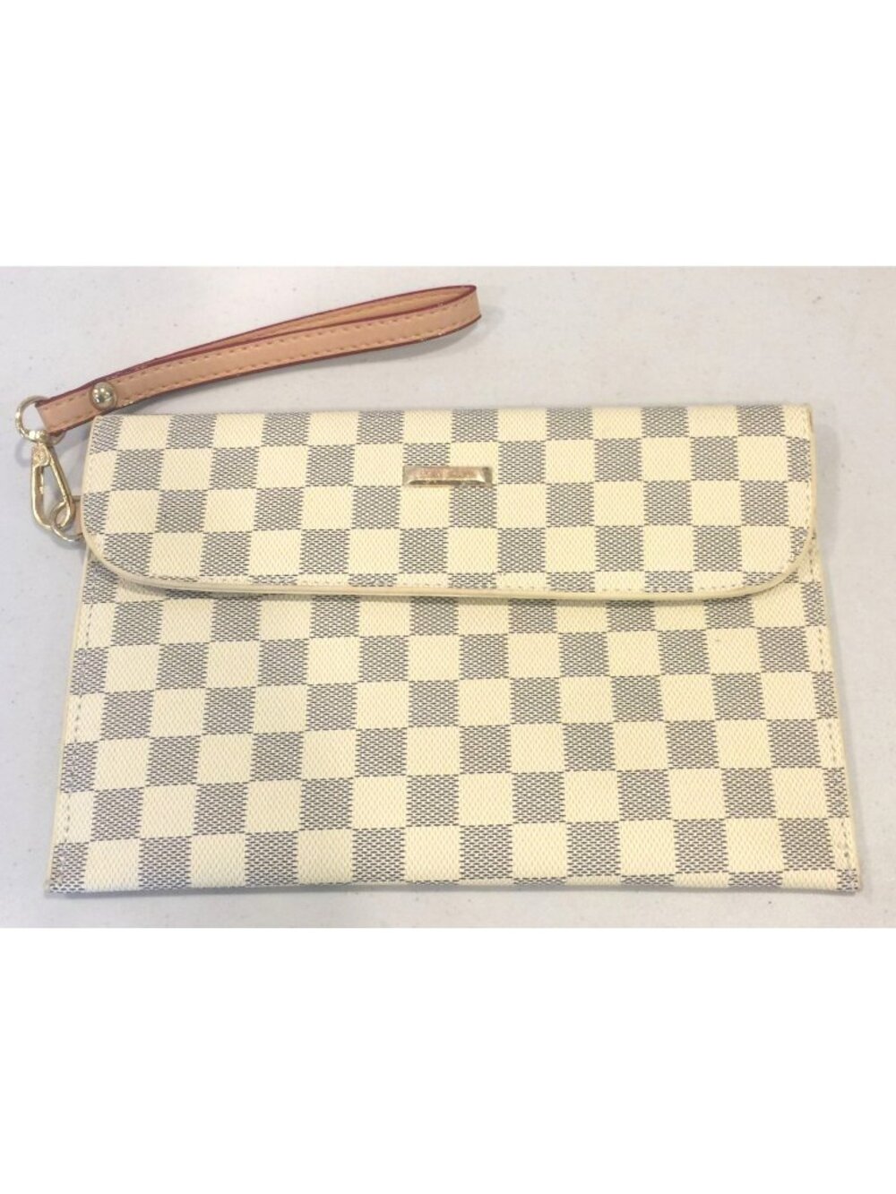 ELIM & PAUL Checkerboard Clutch Wristlet Cream Navy Snap Closure